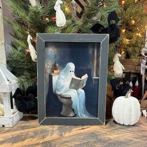 Ghost Bathroom Stories wall print in Black wood frame